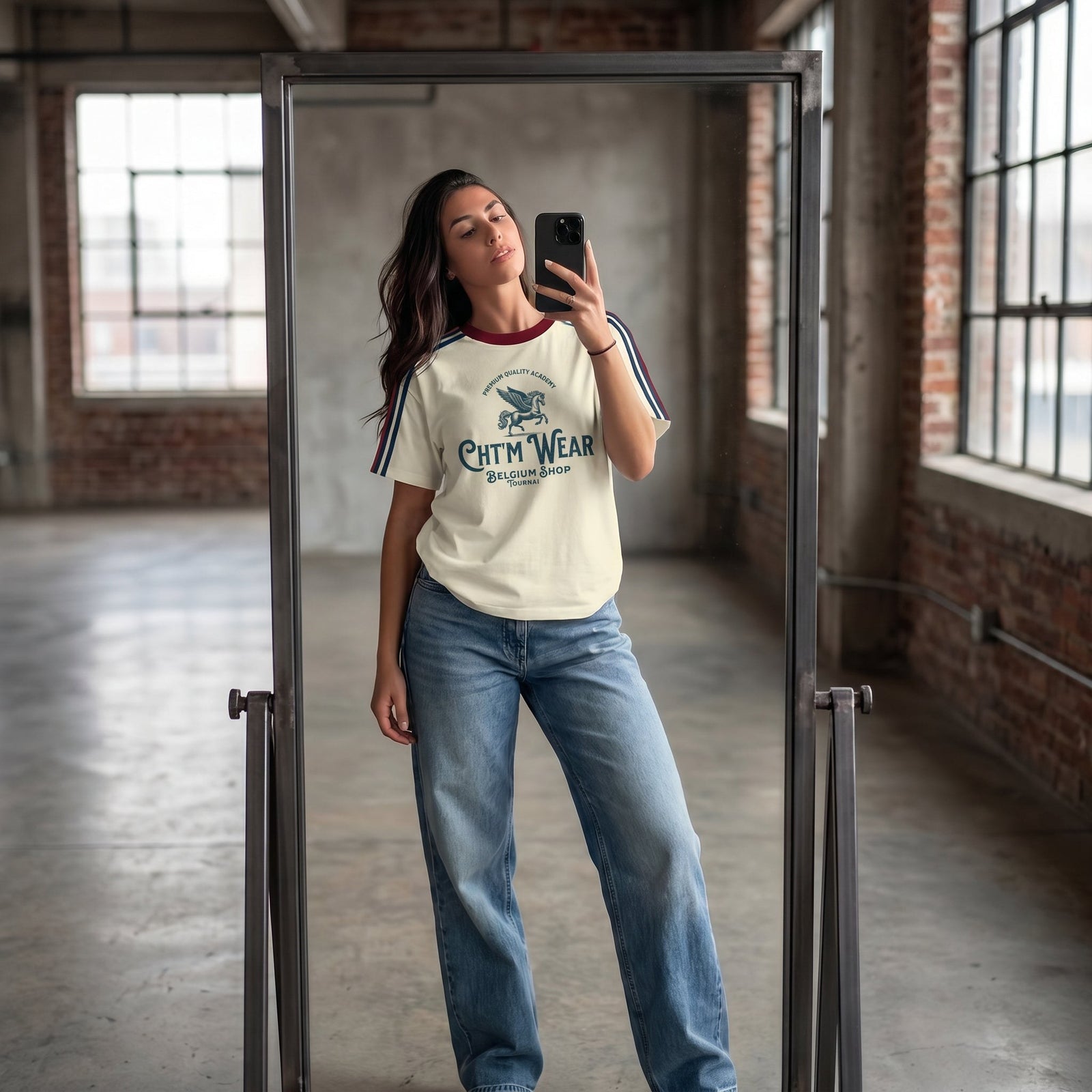 Femme portant le t-shirt 3 bandes oversize CHT'M Wear avec un jean, look streetwear