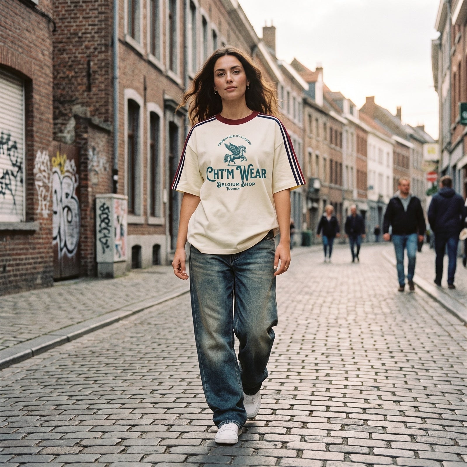 T-shirt 3 bandes oversize écru porté par une femme en ville, look streetwear belge
