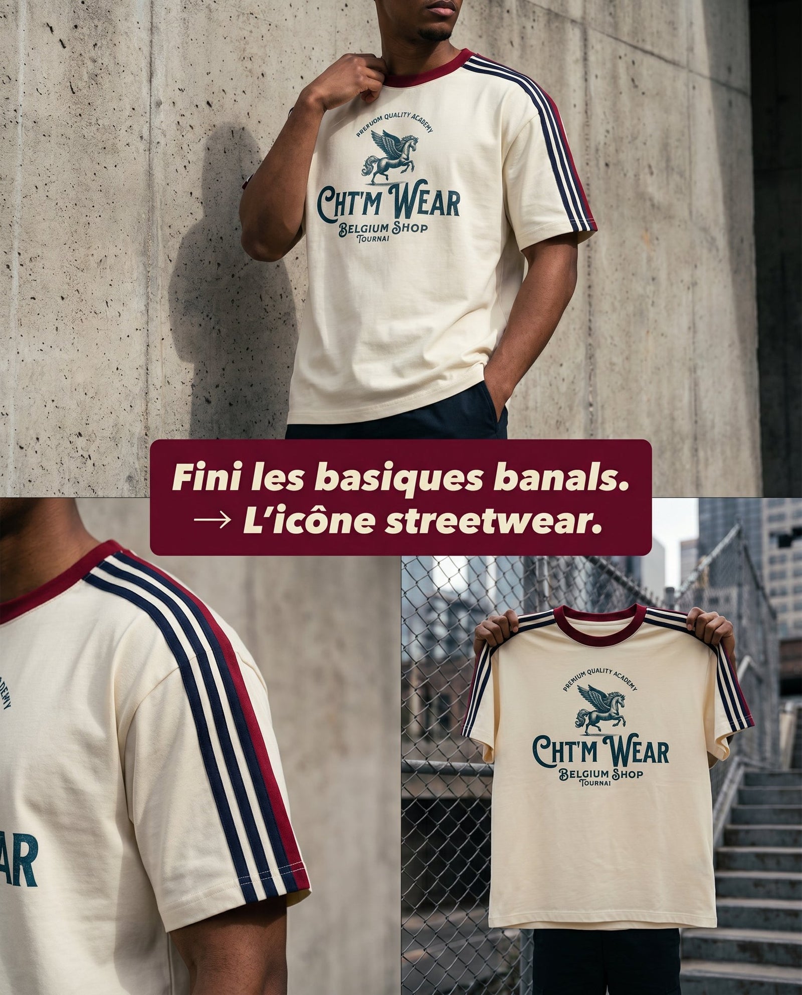 Lookbook du t-shirt 3 bandes original CHT'M Wear, streetwear belge