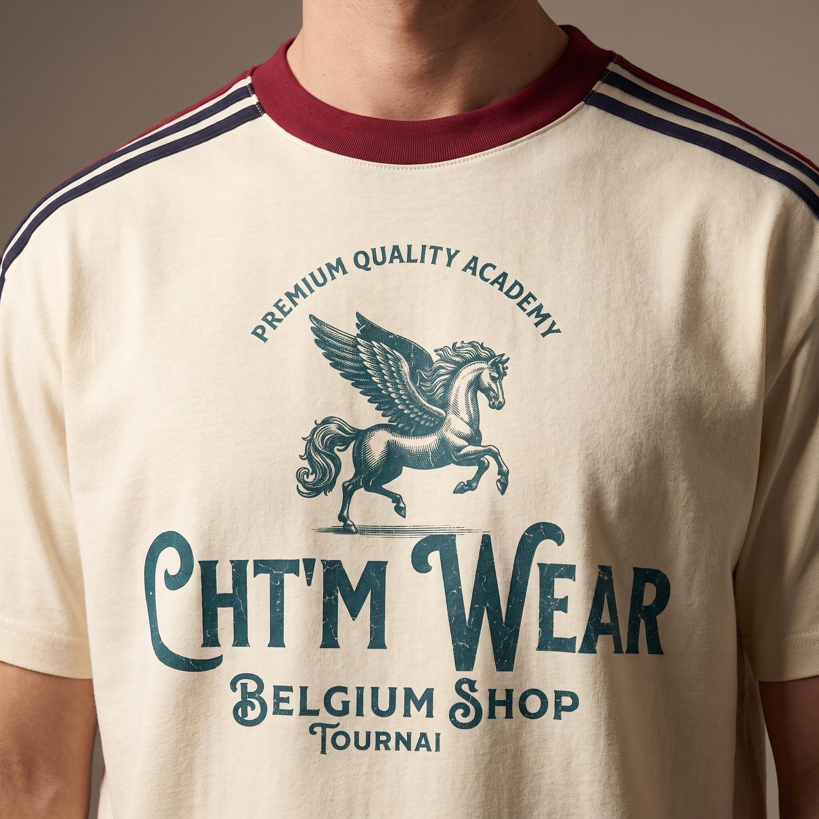 Zoom sur le print vintage pégase CHT'M Wear Belgium Shop Tournai du t-shirt 3 bandes