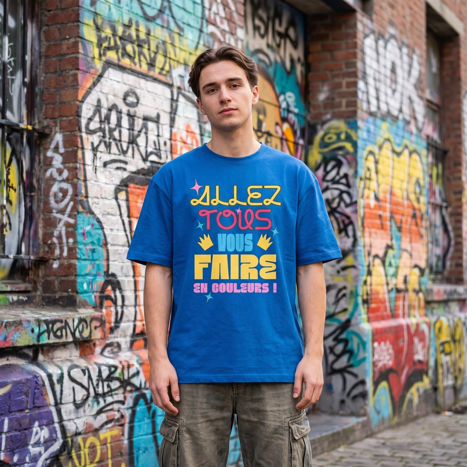 T-shirt oversized bleu vif Allez tous vous faire en couleurs, porté devant un mur de graffitis dans une ruelle pavée
