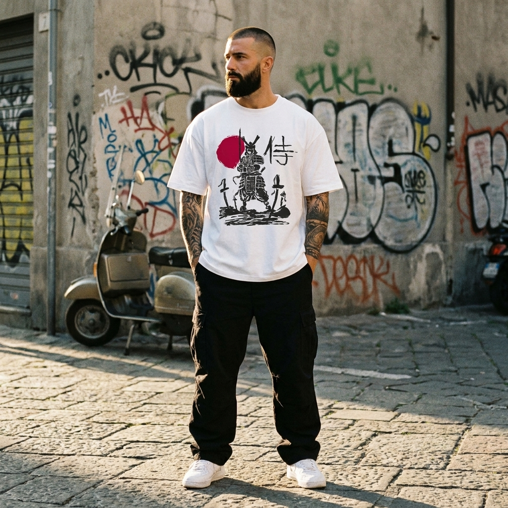 T-shirt anime oversize samouraï blanc en look streetwear urbain, homme