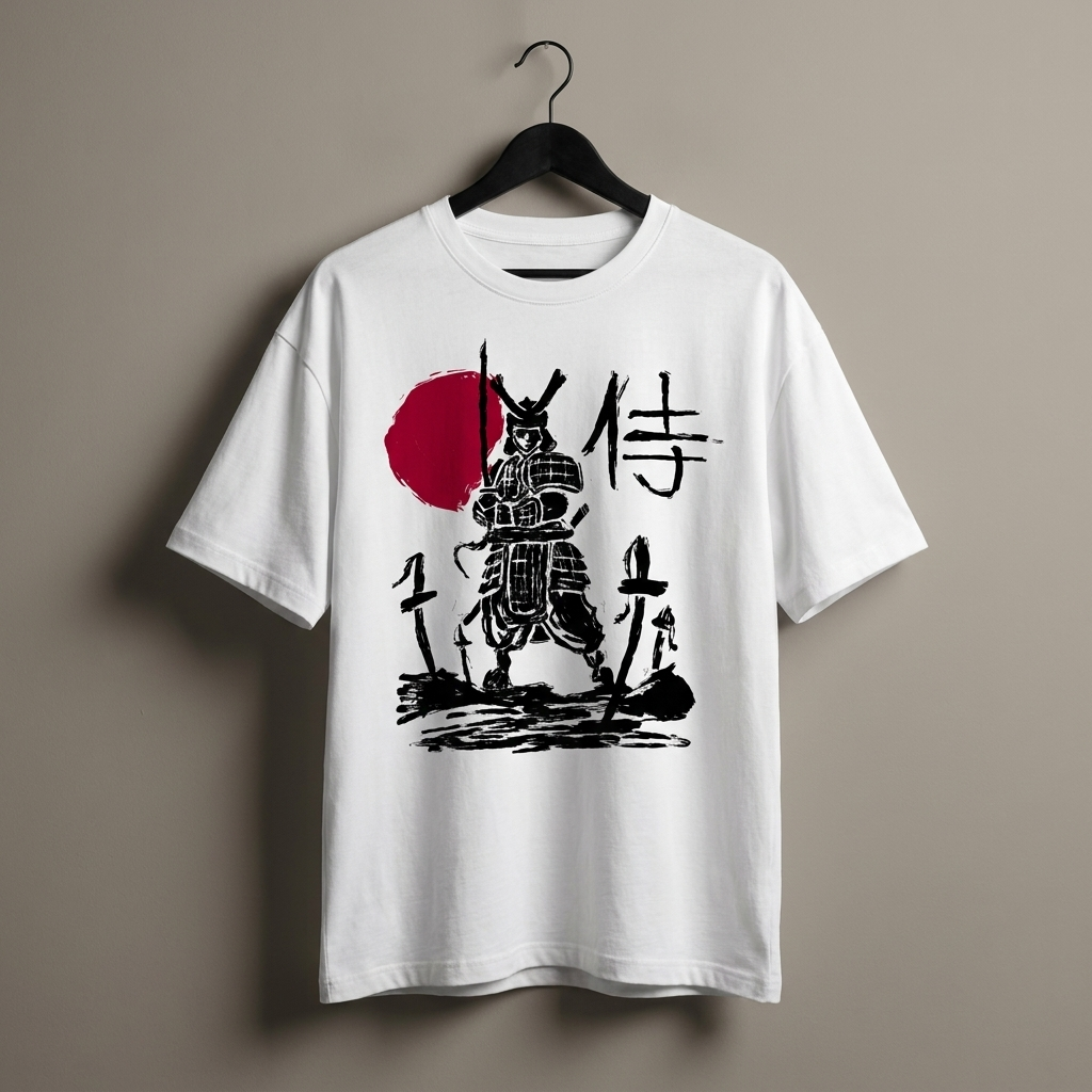 T-shirt anime oversize samouraï blanc sur cintre, coupe oversize épaules tombantes