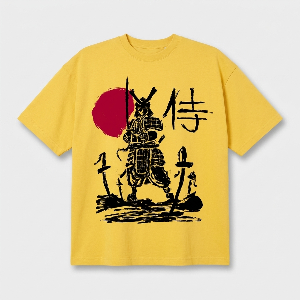 T-shirt anime oversize samouraï jaune à plat, coton bio 200 g/m2