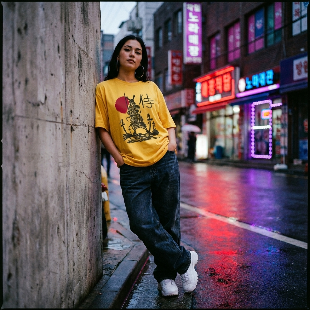 T-shirt anime oversize samouraï jaune en look streetwear urbain, femme