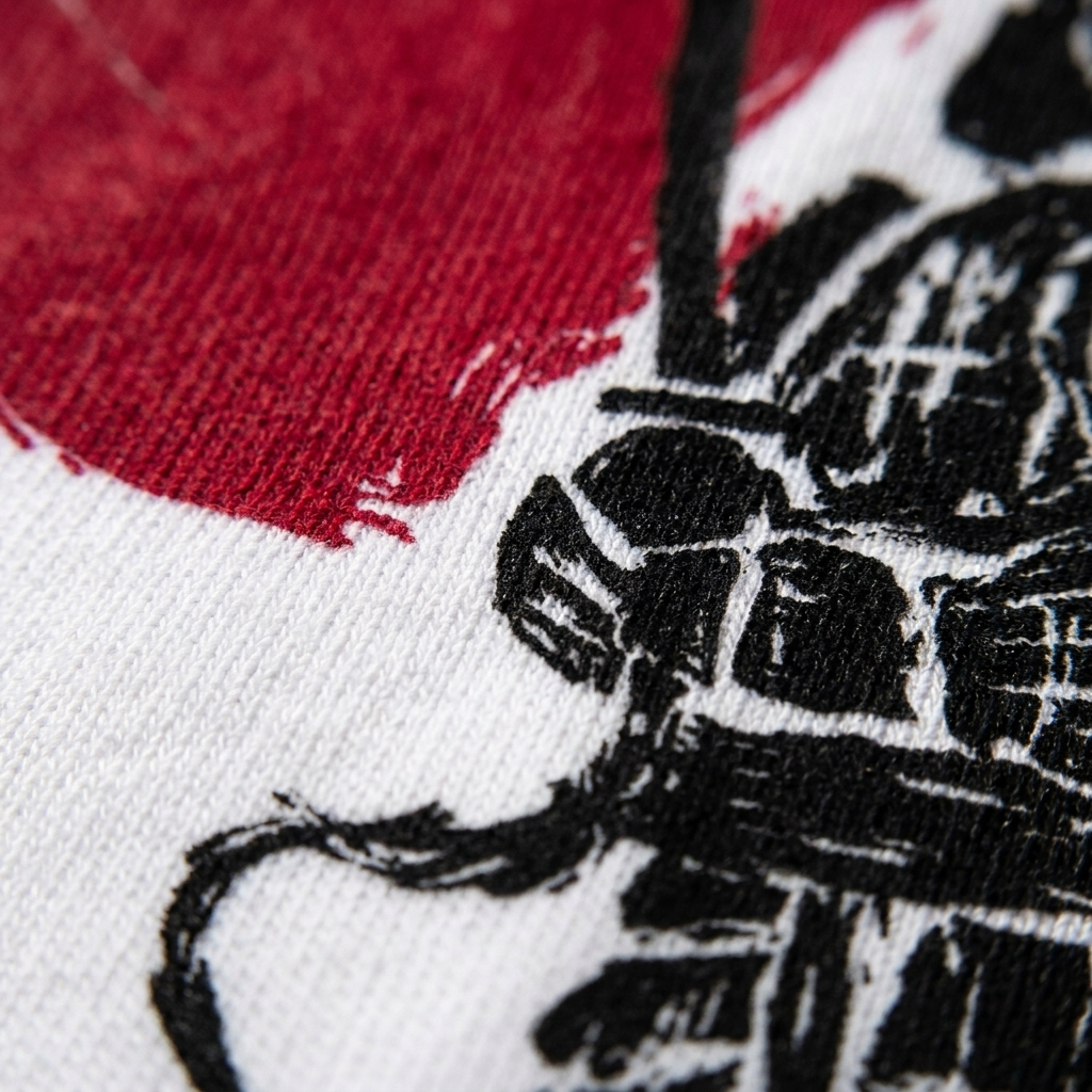 Macro de l'impression à l'encre du design samouraï sur coton biologique