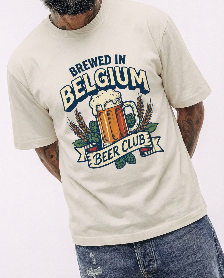 Homme portant le t-shirt oversized Brewed in Belgium en beige sable, bandeau Beer Club visible