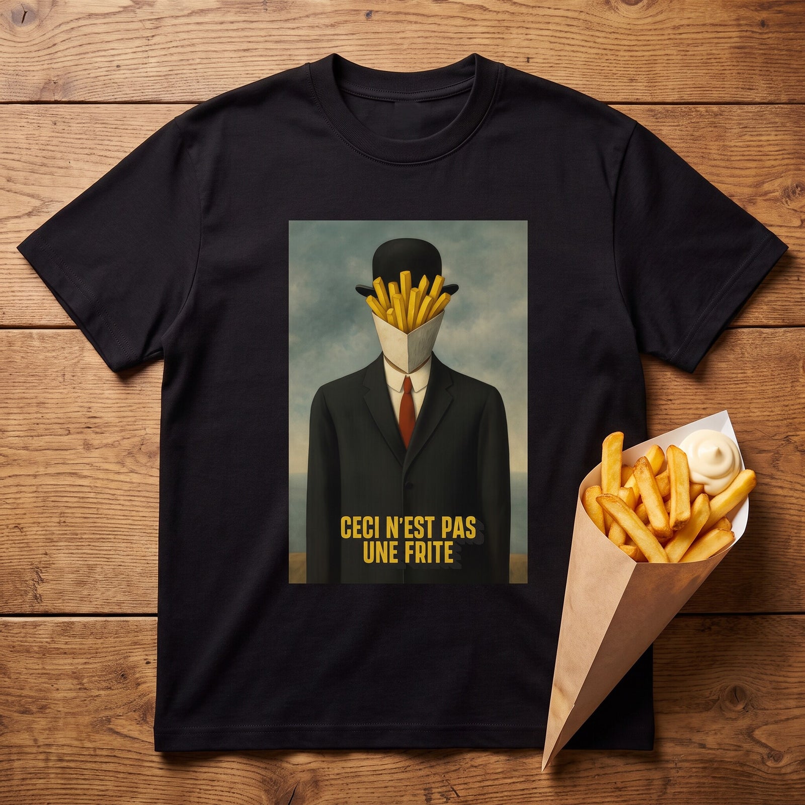 T-shirt noir a l'affiche surrealiste au cornet de frites, pose a plat sur du bois brut a cote de frites mayo