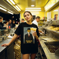 T-shirt oversized noir Ceci n'est pas une frite, porte dans une friterie un cornet de frites a la main