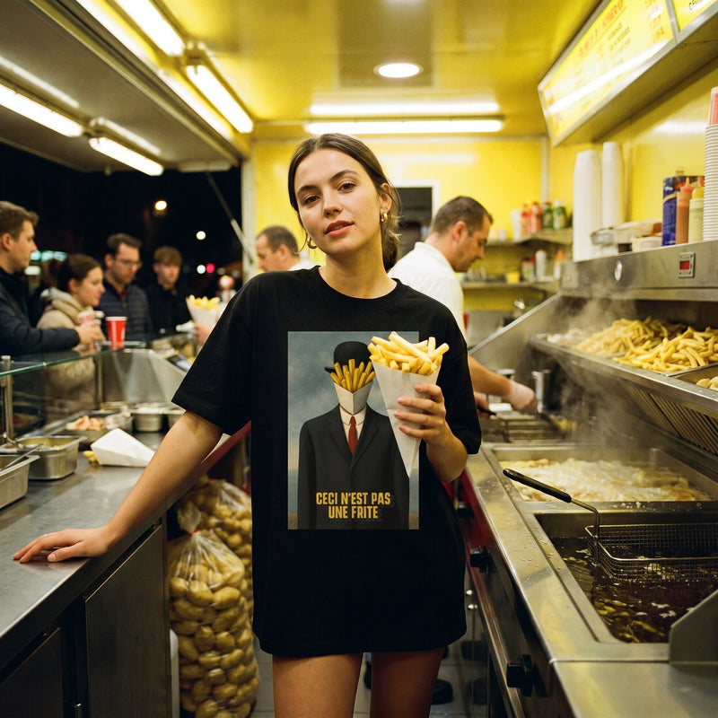 T-shirt oversized noir Ceci n'est pas une frite, porte dans une friterie un cornet de frites a la main