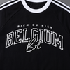 Détail de l'impression BIEN OU BIEN BELGIUM BXL sur le t-shirt belge original en coton noir