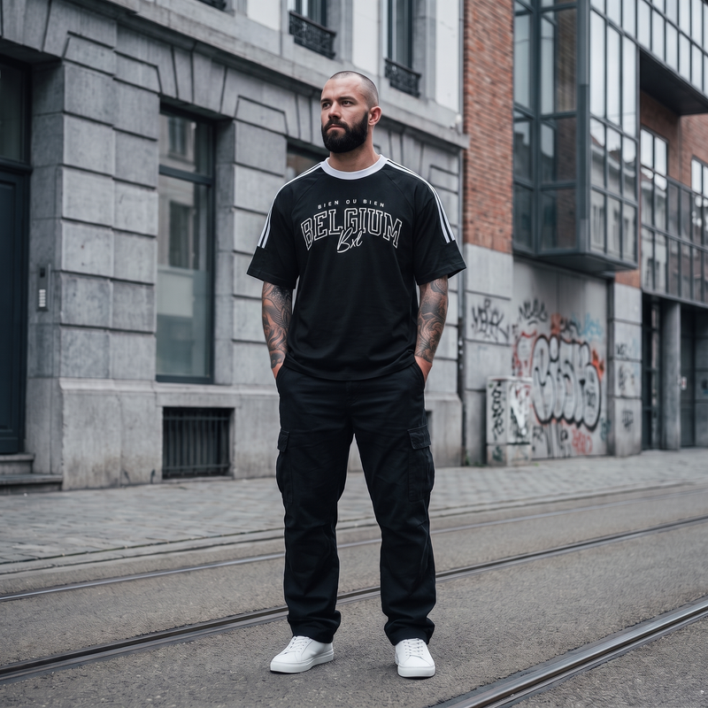T-shirt streetwear belge Bien ou Bien porté par un homme dans une rue pavée de Bruxelles