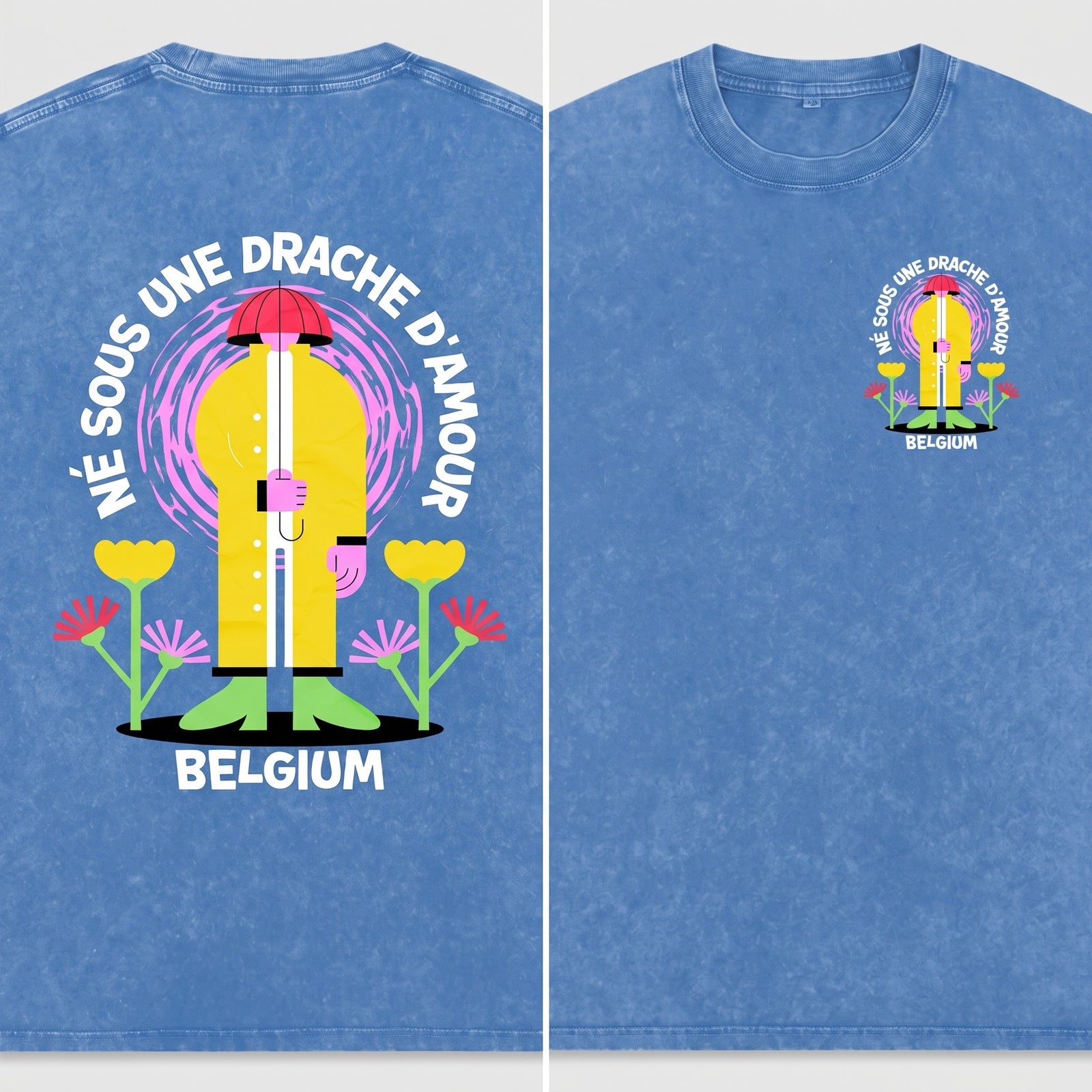 Dos et devant du t-shirt belge drache d'amour côte à côte - grand imprimé dos et badge poitrine