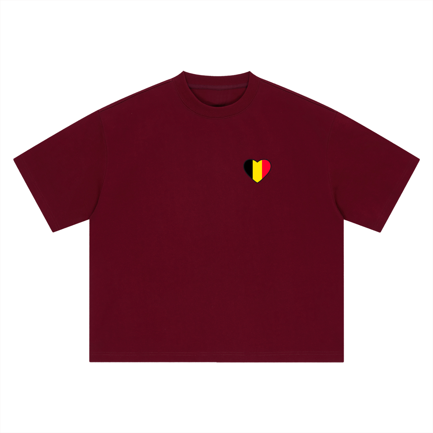 T-shirt belge oversized bordeaux à plat, cœur drapeau belge, streetwear belge CHT'M