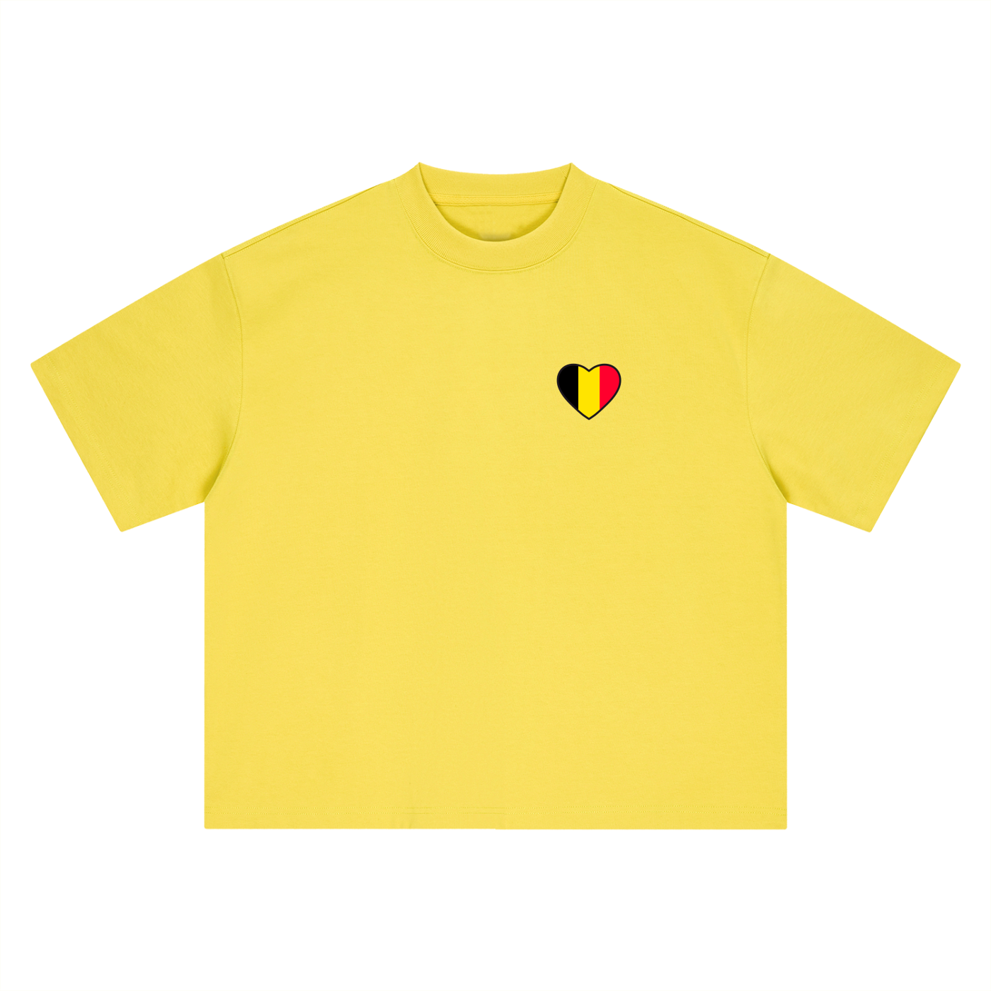 T-shirt belge oversized jaune à plat, cœur aux couleurs de la Belgique, coupe boxy