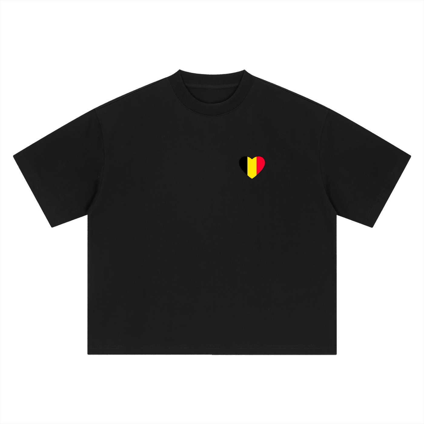 T-shirt belge oversized noir à plat, cœur drapeau belge sur la poitrine gauche