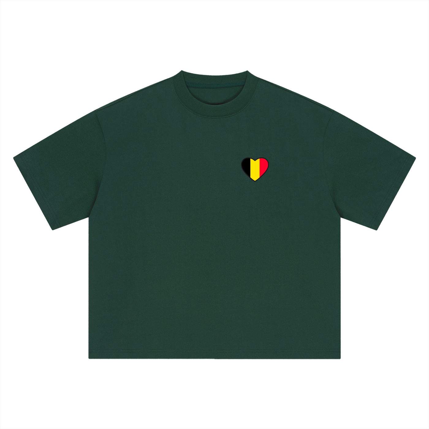 T-shirt belge oversized vert forêt à plat, cœur drapeau belge imprimé sur la poitrine