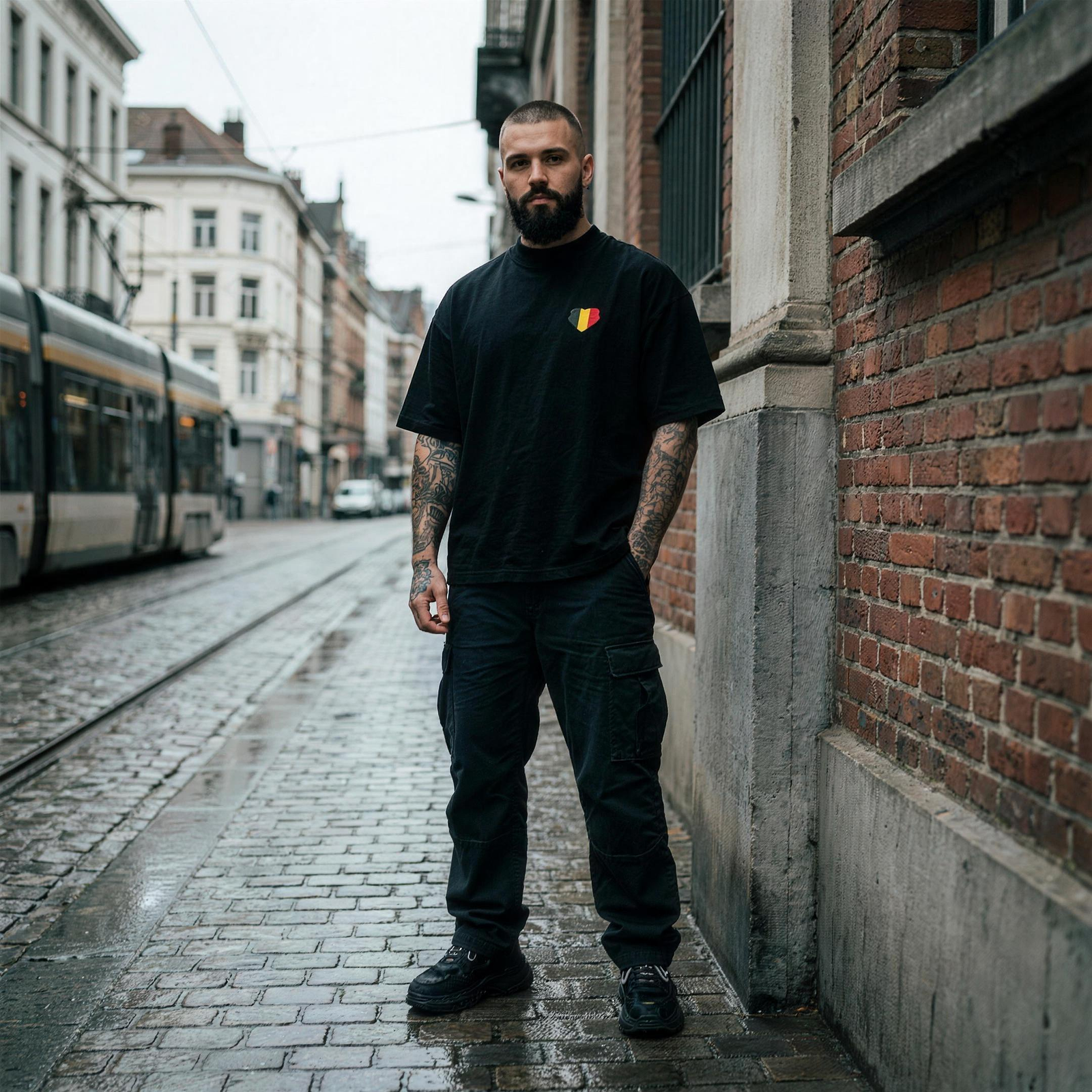 Homme en t-shirt belge oversized noir dans une rue pavée de Bruxelles, look streetwear belge