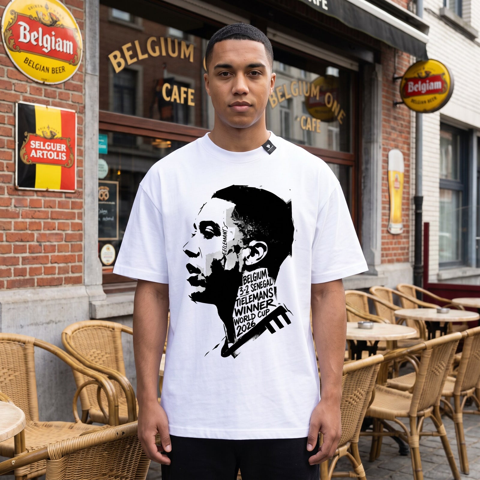 T-shirt oversized blanc au portrait serigraphie noir, porte devant un cafe belge en briques rouges et son drapeau