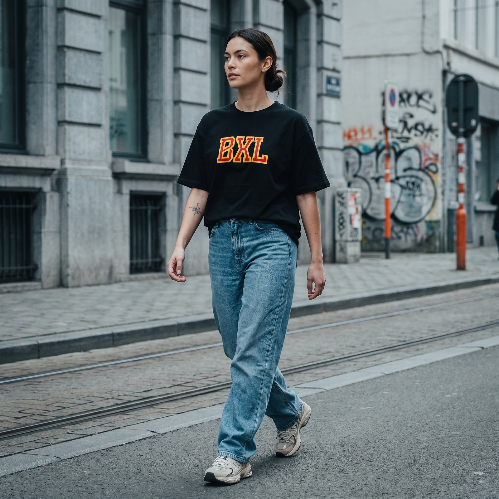 T-shirt belge original BXL oversize porté par une femme en ville - streetwear urbain