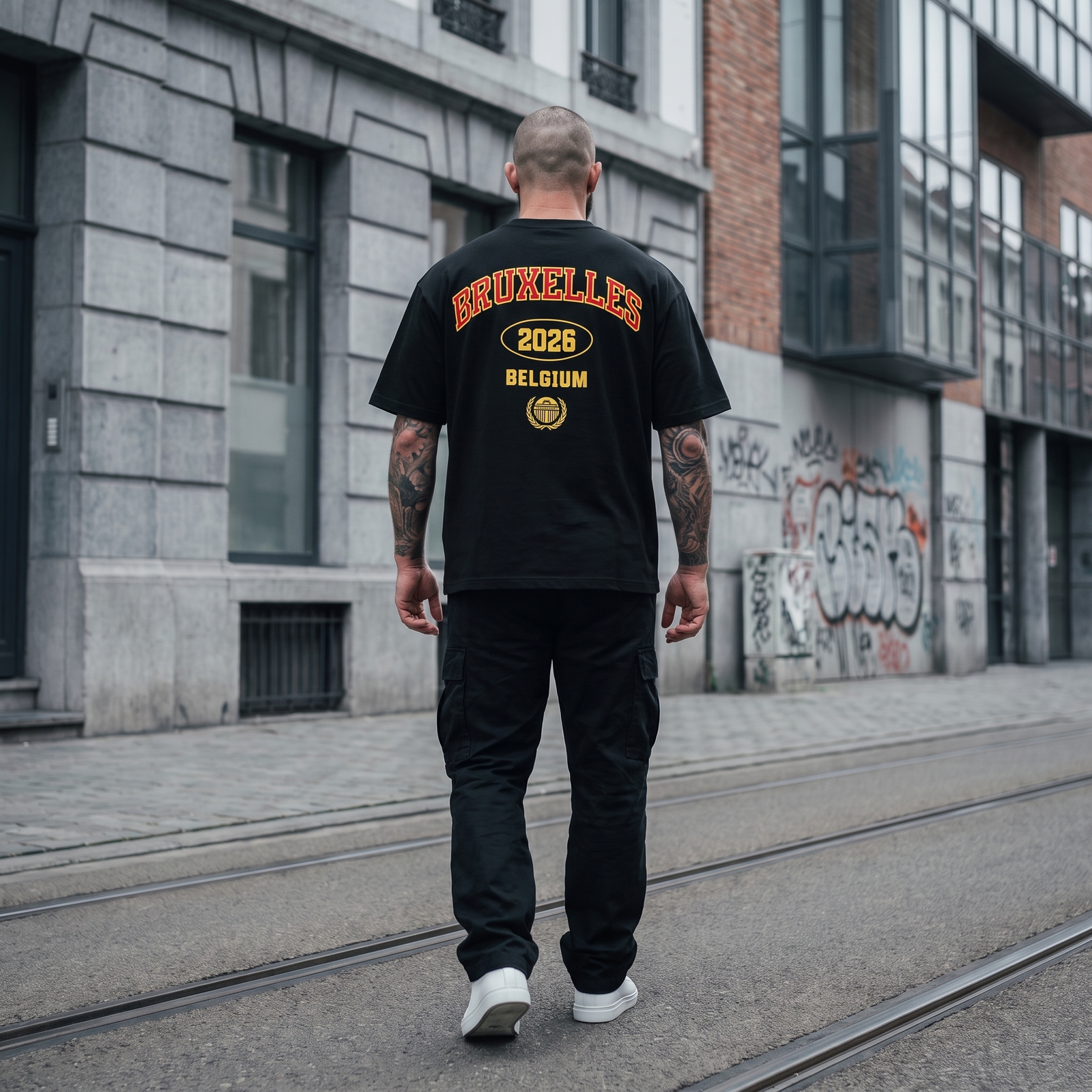 Dos du t-shirt belge BRUXELLES 2026 en rue à Bruxelles - streetwear urbain homme