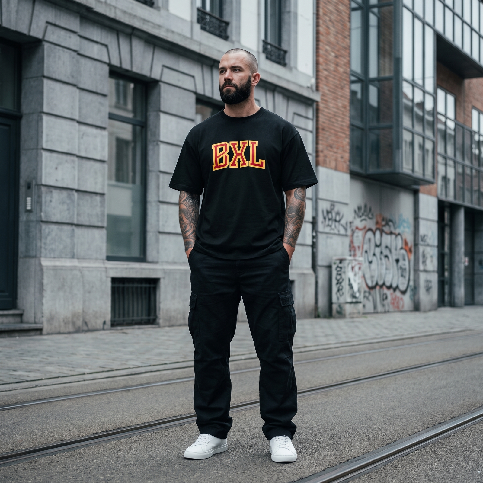 T-shirt Bruxelles BXL porté par un homme dans les rues de Bruxelles - look streetwear urbain