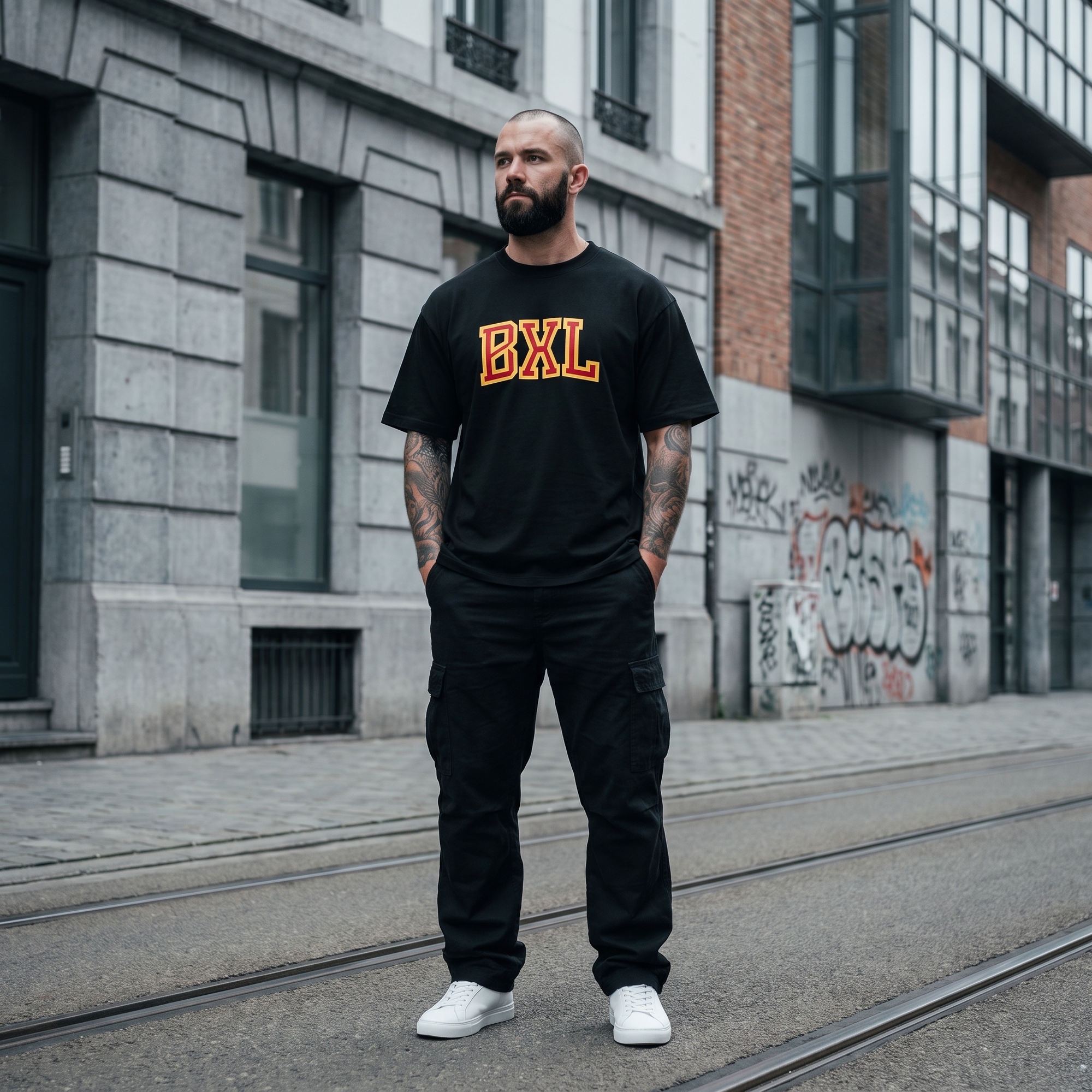 T-shirt Bruxelles BXL porté par un homme dans les rues de Bruxelles - look streetwear urbain
