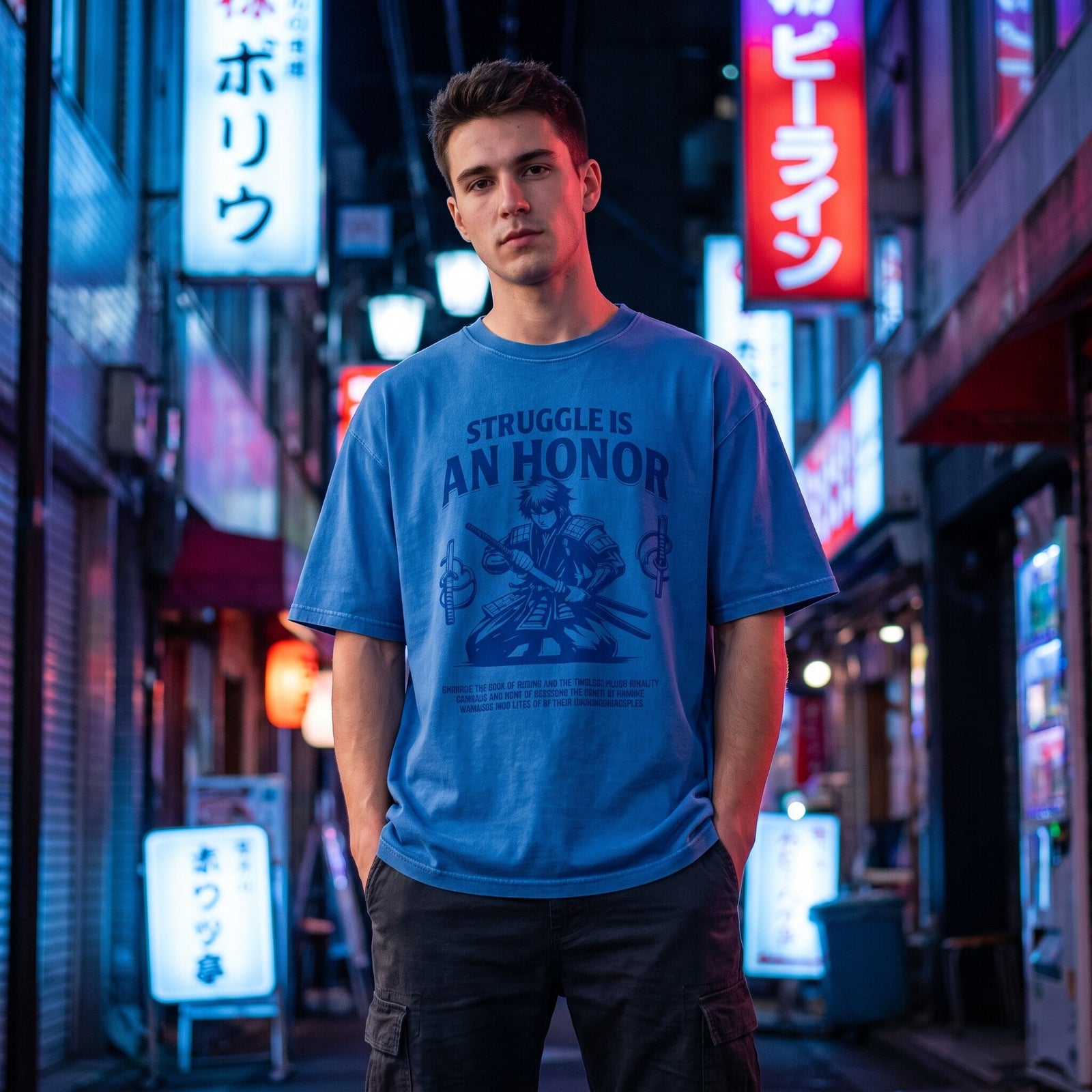 T-shirt bleu delave au samourai bushido, cadrage taille sous les enseignes lumineuses rouges et bleues d'une rue