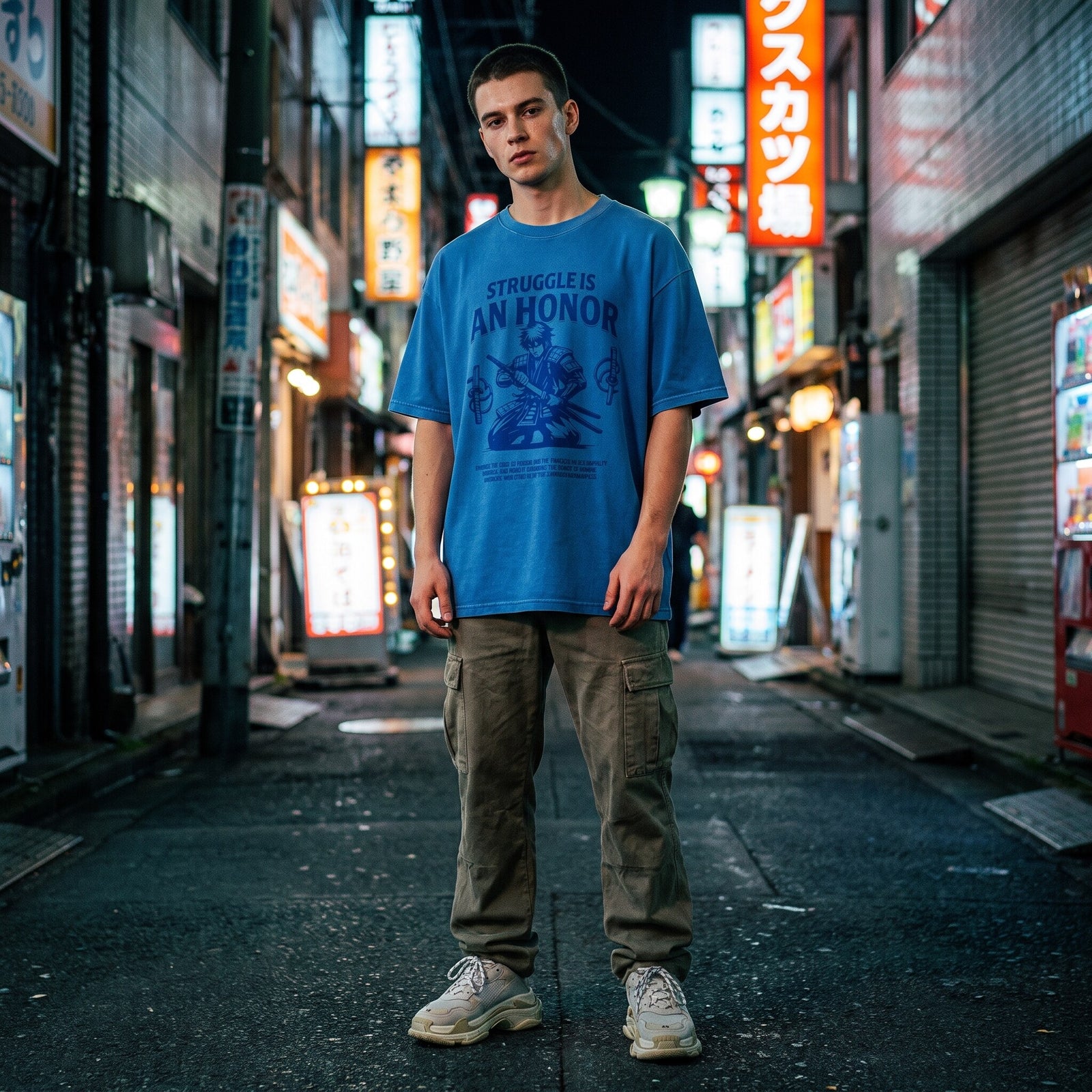 T-shirt oversized bleu clair imprime samourai Struggle Is An Honor, porte dans une ruelle japonaise aux neons oranges