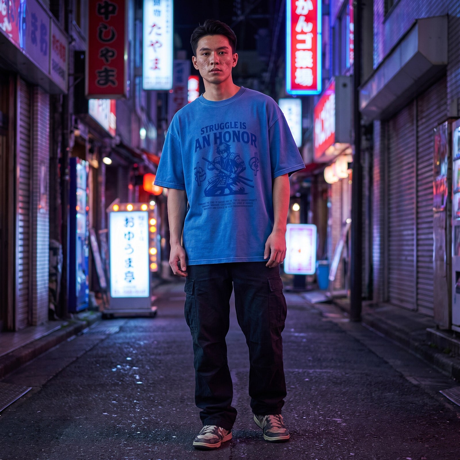 T-shirt bleu clair Bushido porte en pied dans une ruelle japonaise baignee de neons violets et de rideaux metalliques