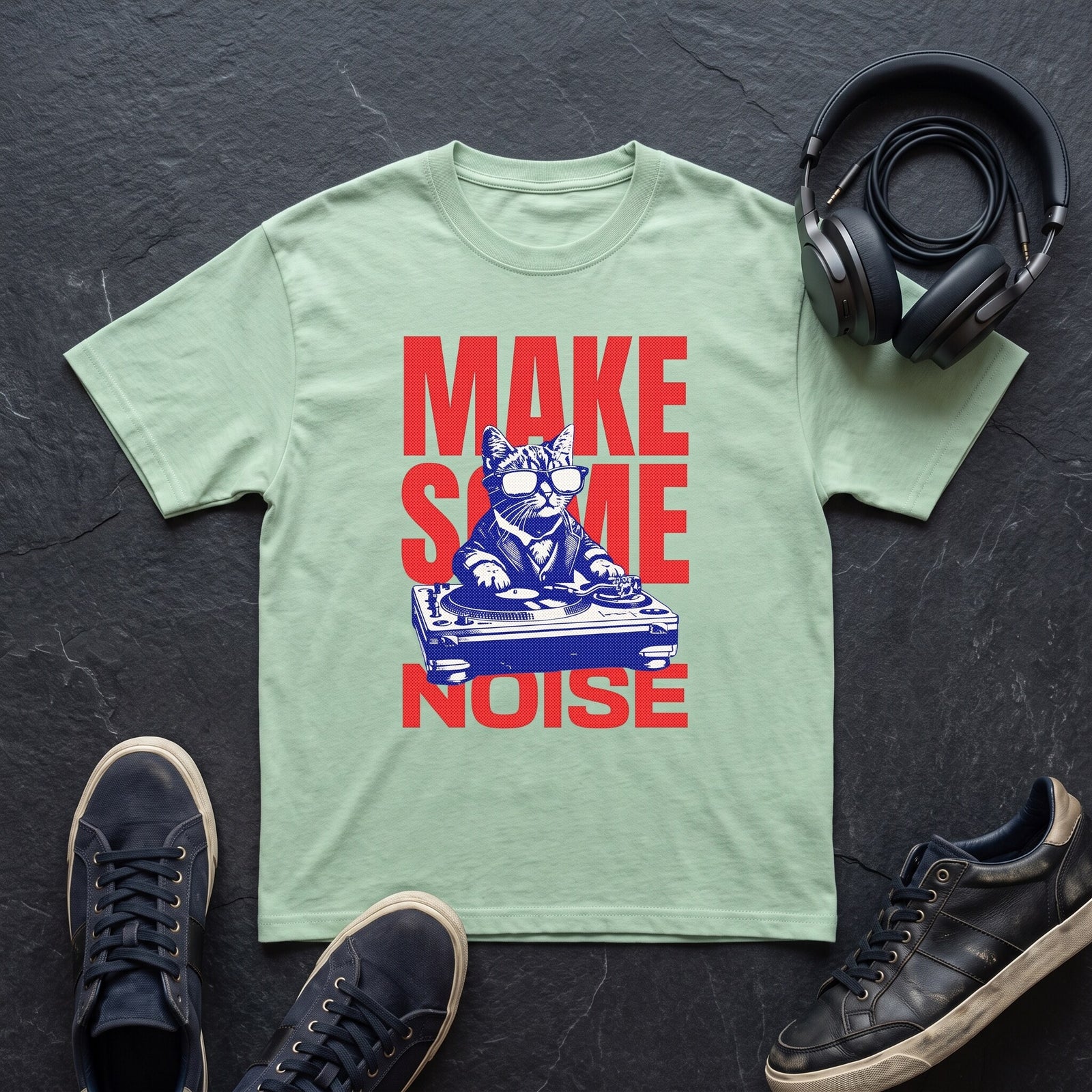 T-shirt vert clair imprimé chat DJ rouge et bleu, posé à plat sur une ardoise noire avec un casque audio et des sneakers