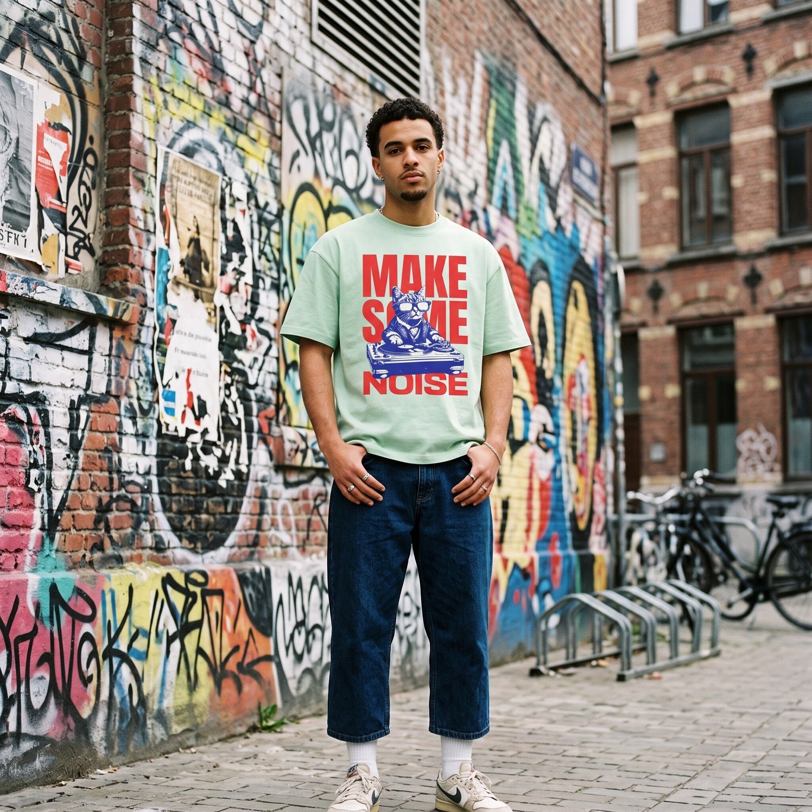 T-shirt oversized vert menthe chat DJ, porté devant un mur de graffitis colorés dans une rue pavée belge