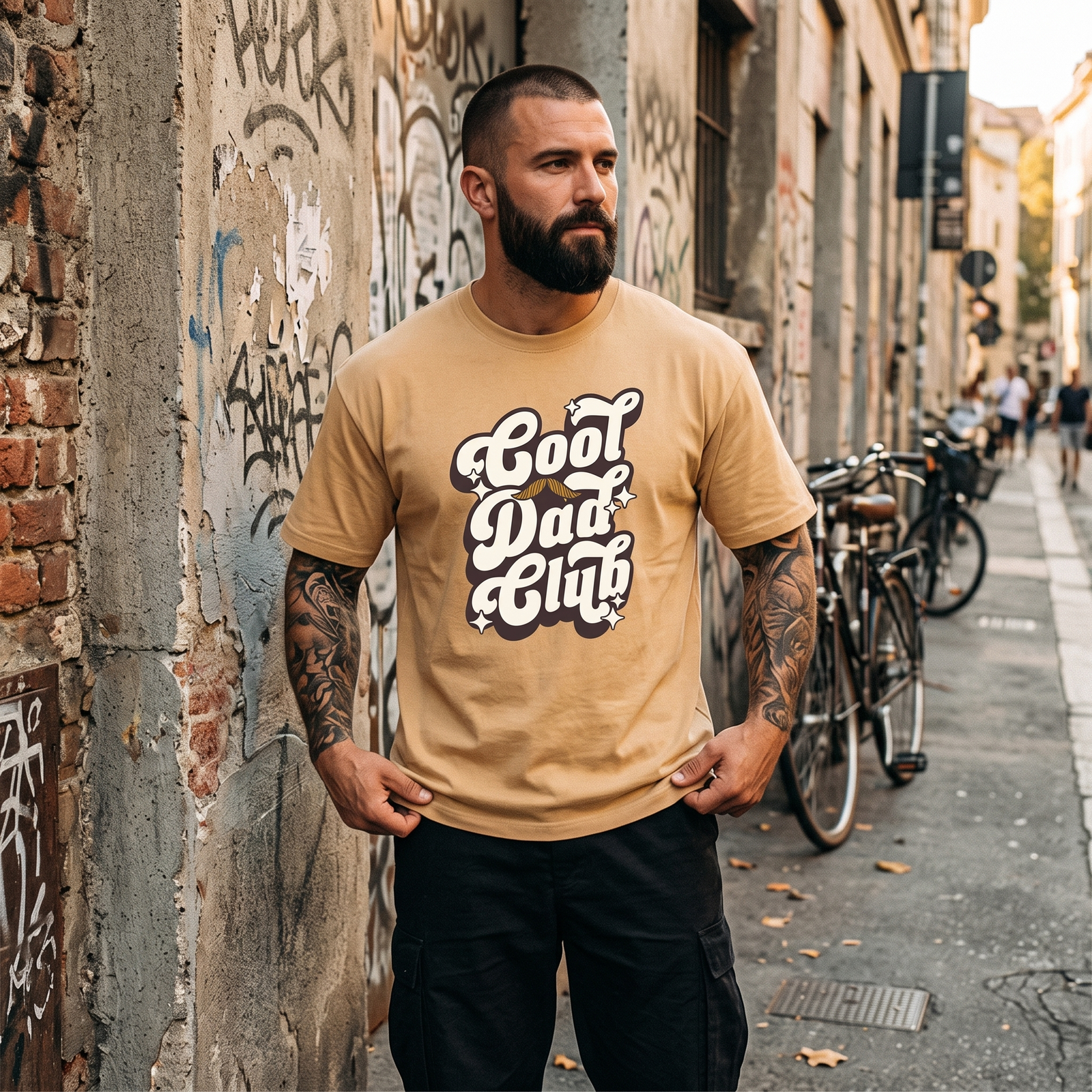 T-shirt papa original Cool Dad Club porté par un homme en rue, look streetwear urbain