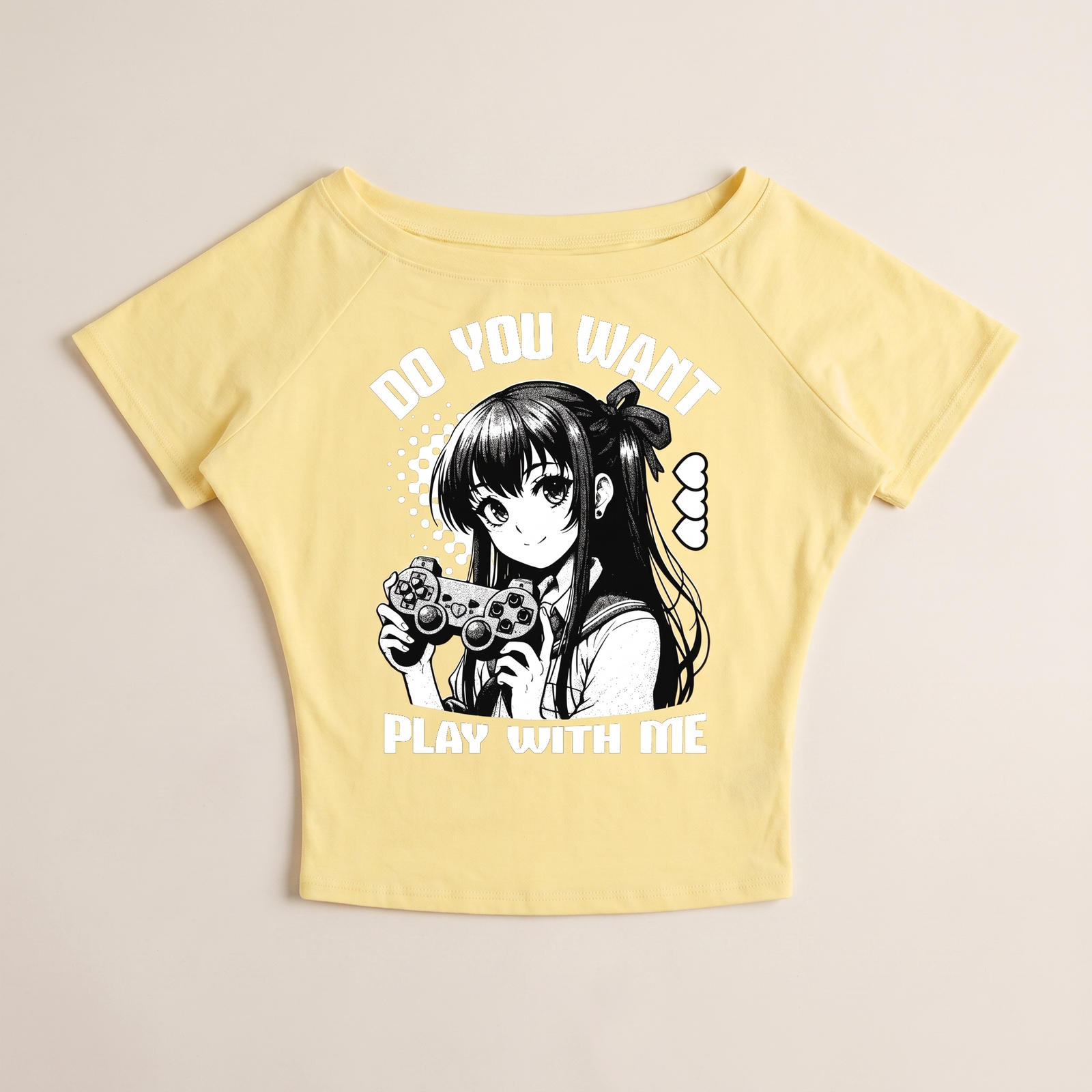 Crop top femme anime Gamer Girl jaune à plat - imprimé manga Do You Want Play With Me