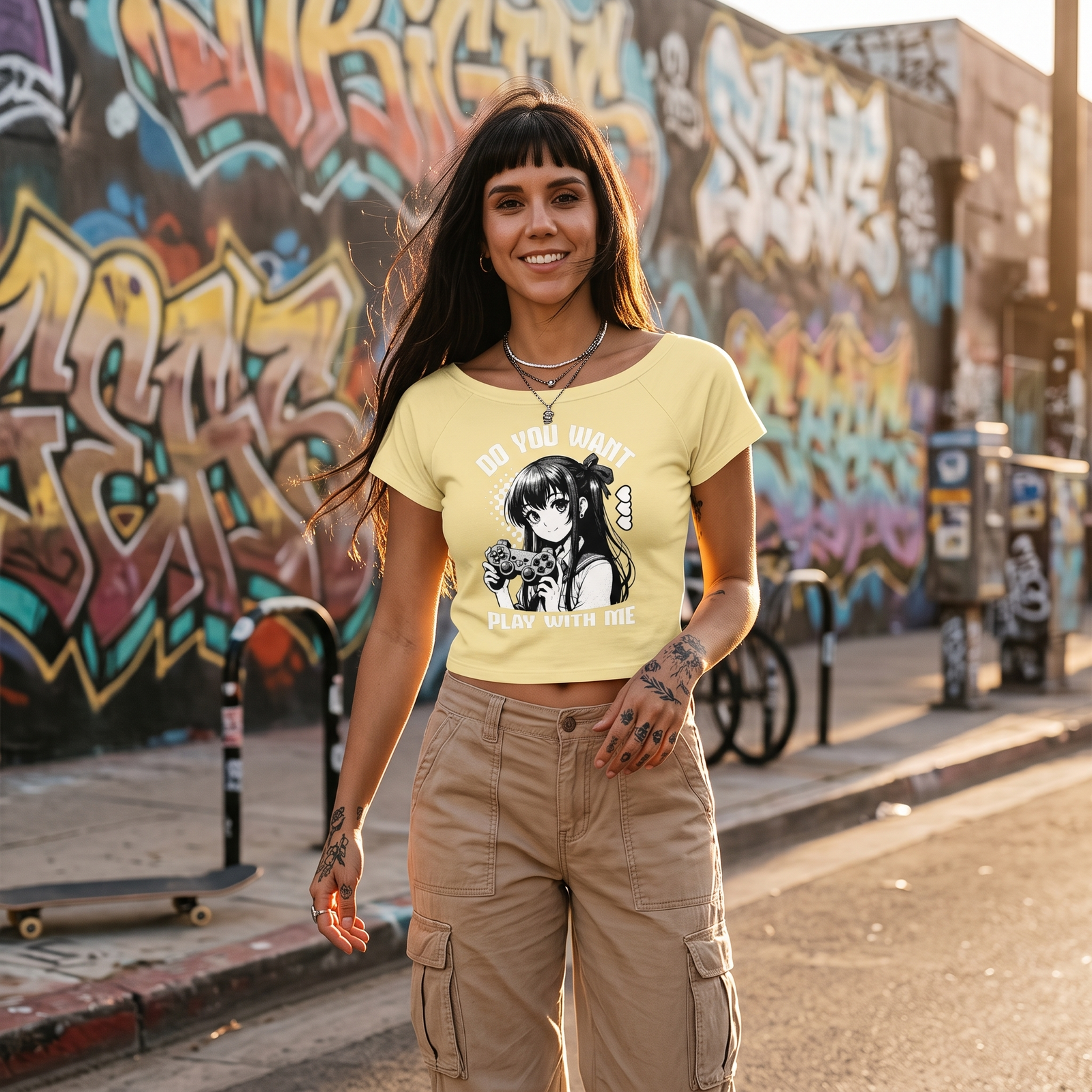 Crop top anime Gamer Girl jaune porté en ville devant un mur graffé, allure streetwear