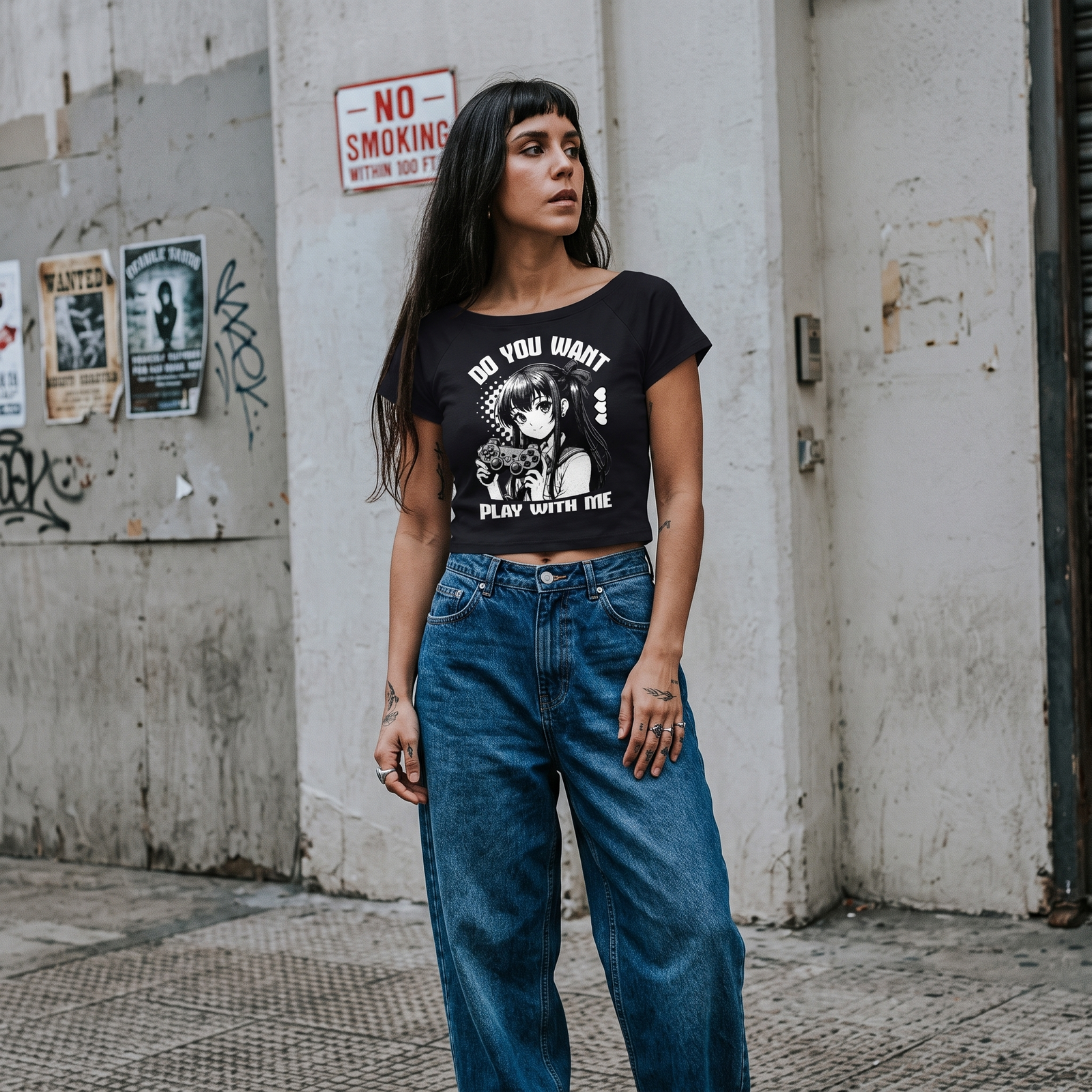 Crop top anime Gamer Girl noir en look urbain, ambiance éditoriale de rue