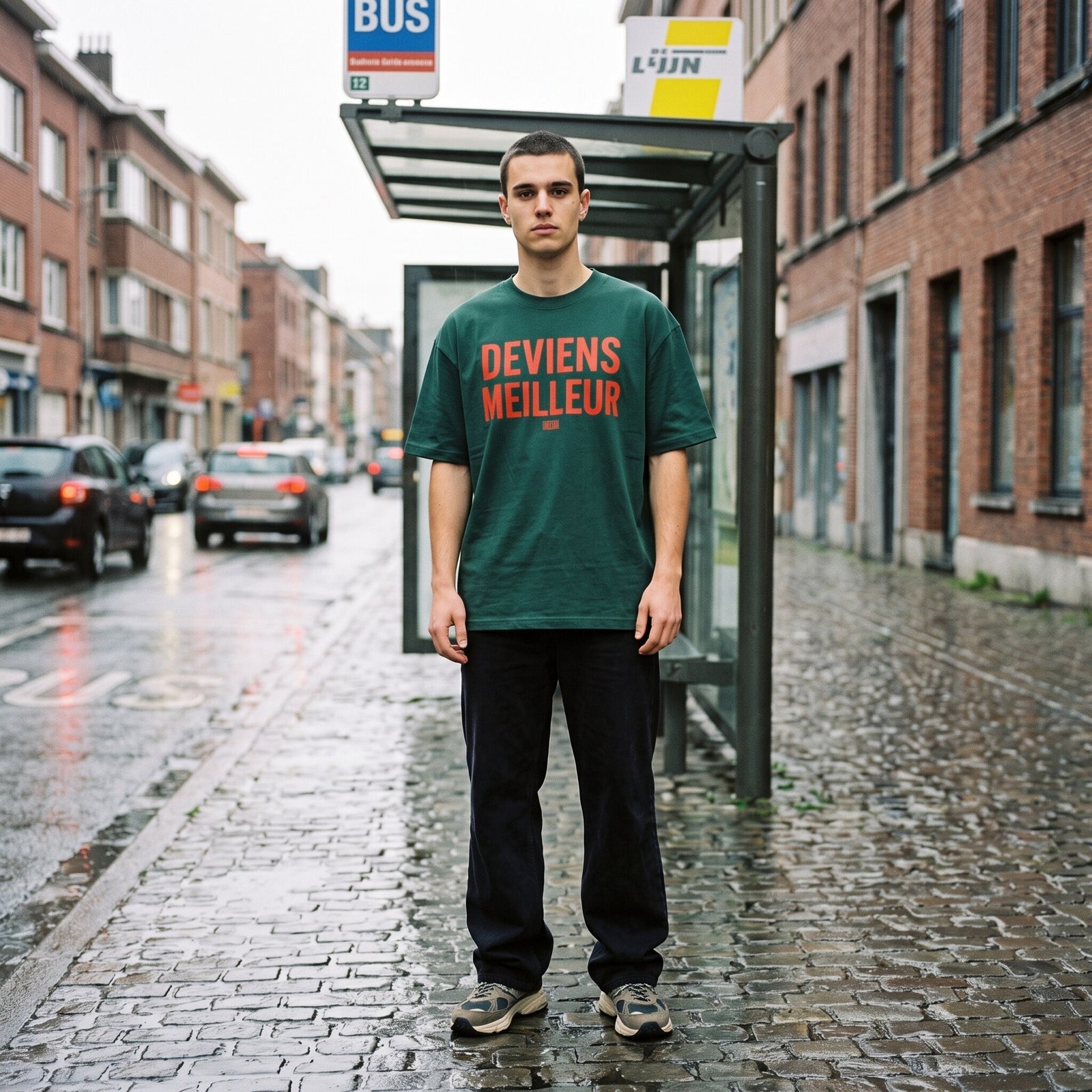 T-shirt oversized vert forêt au lettrage orange Deviens Meilleur, porté devant un abribus sur des pavés mouillés