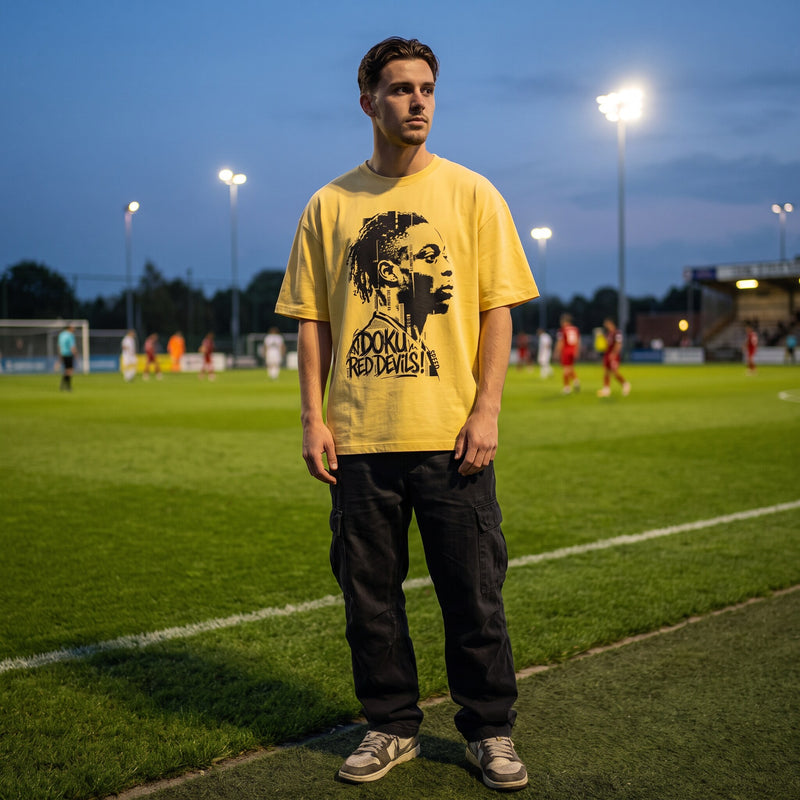 Coupe oversized jaune citron imprimee Doku Red Devils, portee sur la ligne de touche un soir de match eclaire