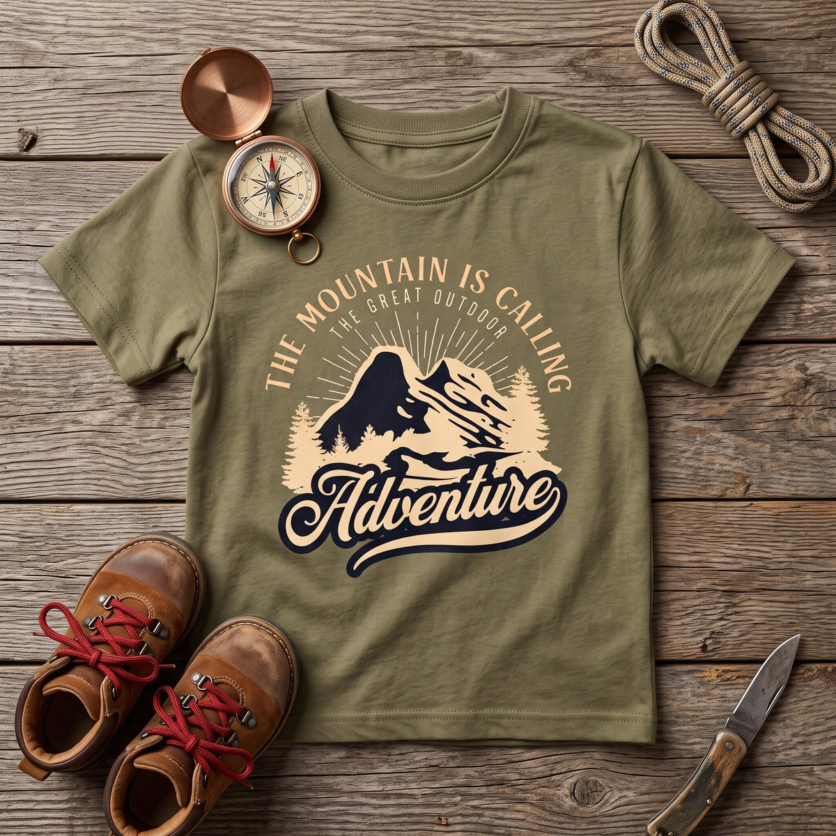 T-shirt enfant kaki aventure montagne, pose a plat sur des planches avec boussole, corde et chaussures de rando