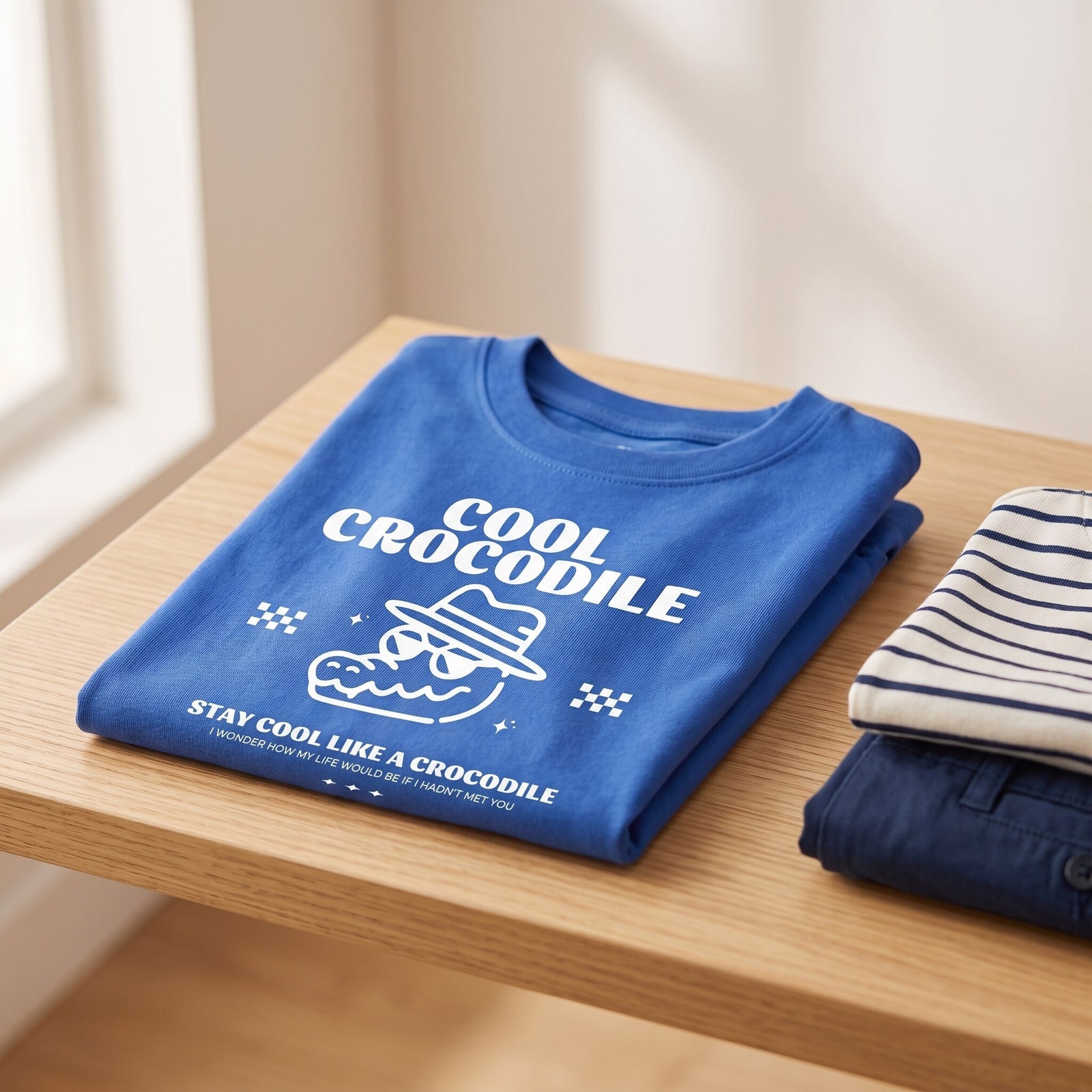 T-shirt enfant bleu vif Cool Crocodile, plié sur une table en bois clair à côté d'une marinière et d'un pantalon