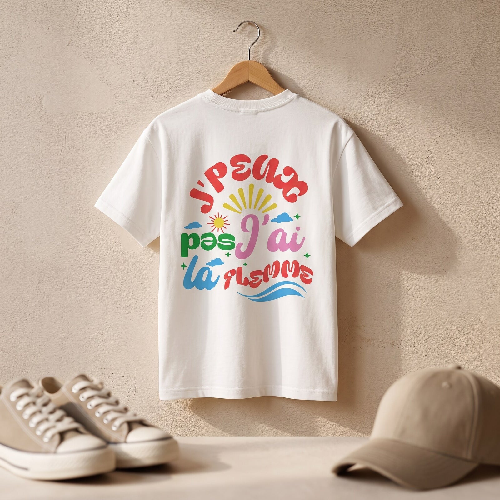 T-shirt enfant oversized blanc J'peux pas j'ai la flemme sur cintre, baskets et casquette posees au sol devant un mur de platre