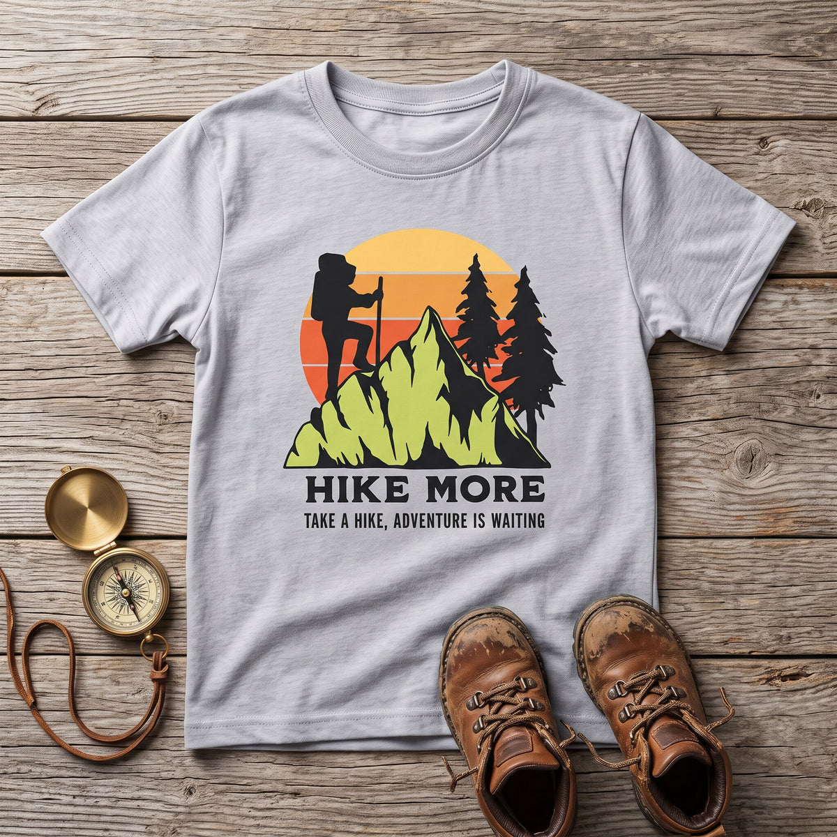 T-shirt enfant gris clair Hike More a plat sur des planches, boussole en laiton et chaussures de randonnee