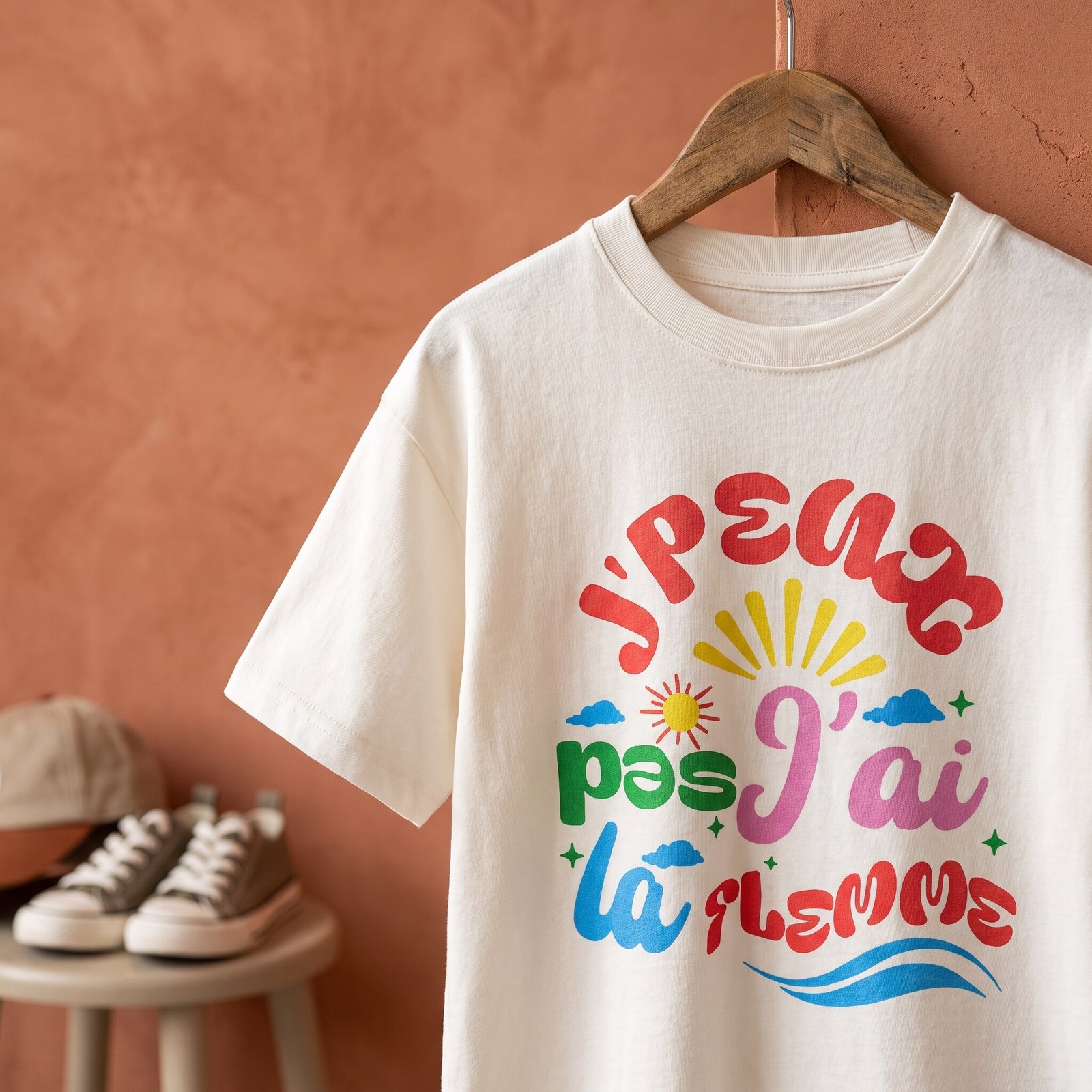 Gros plan sur le lettrage colore J'peux pas j'ai la flemme d'un t-shirt enfant blanc, baskets posees sur un tabouret
