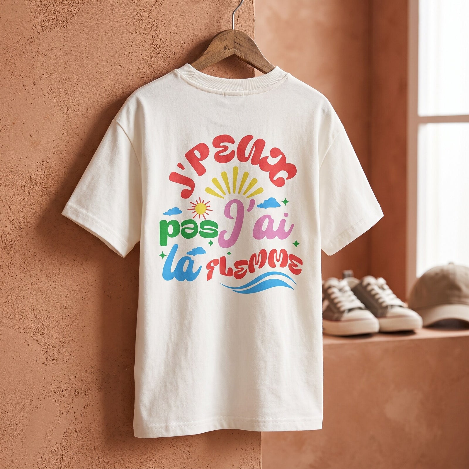 T-shirt enfant oversized blanc casse J'peux pas j'ai la flemme, suspendu a un cintre en bois contre un mur terracotta