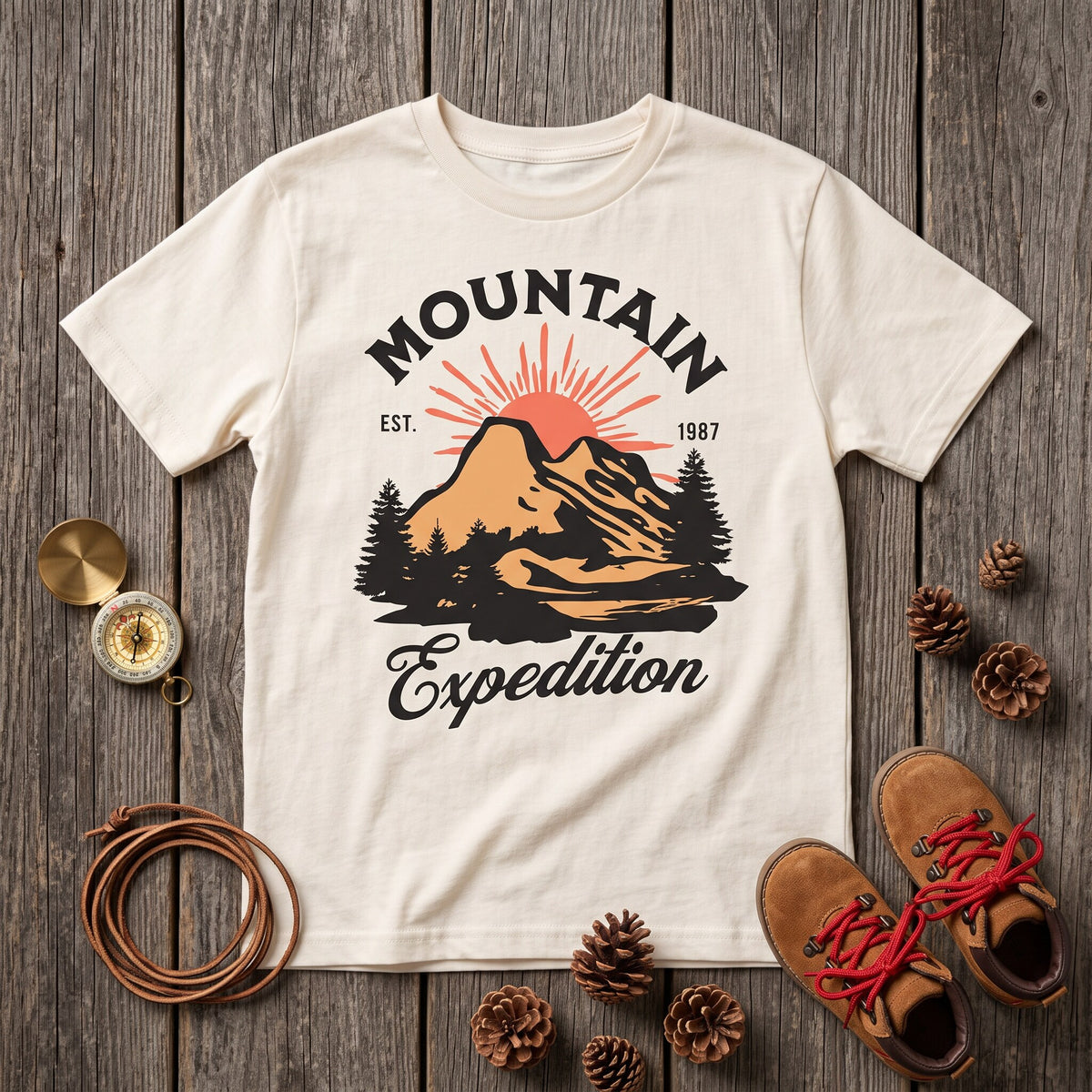 T-shirt enfant ecru Mountain Expedition a plat sur planches grises, boussole, pommes de pin et chaussures de rando