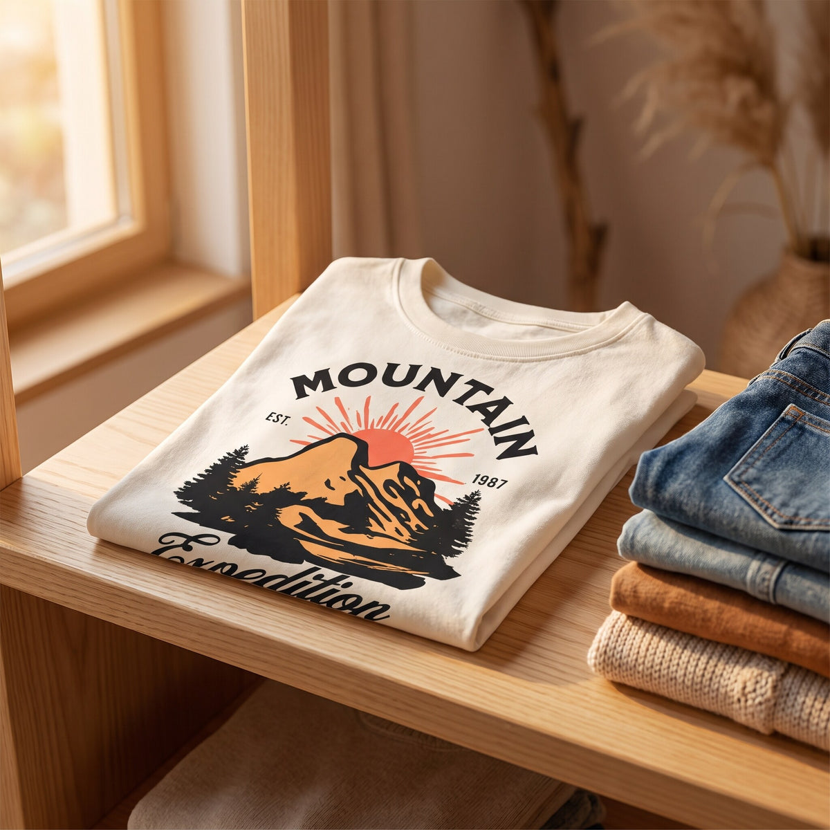 T-shirt enfant ecru Mountain Expedition plie sur une etagere en bois clair, pres d'une pile de jeans plies
