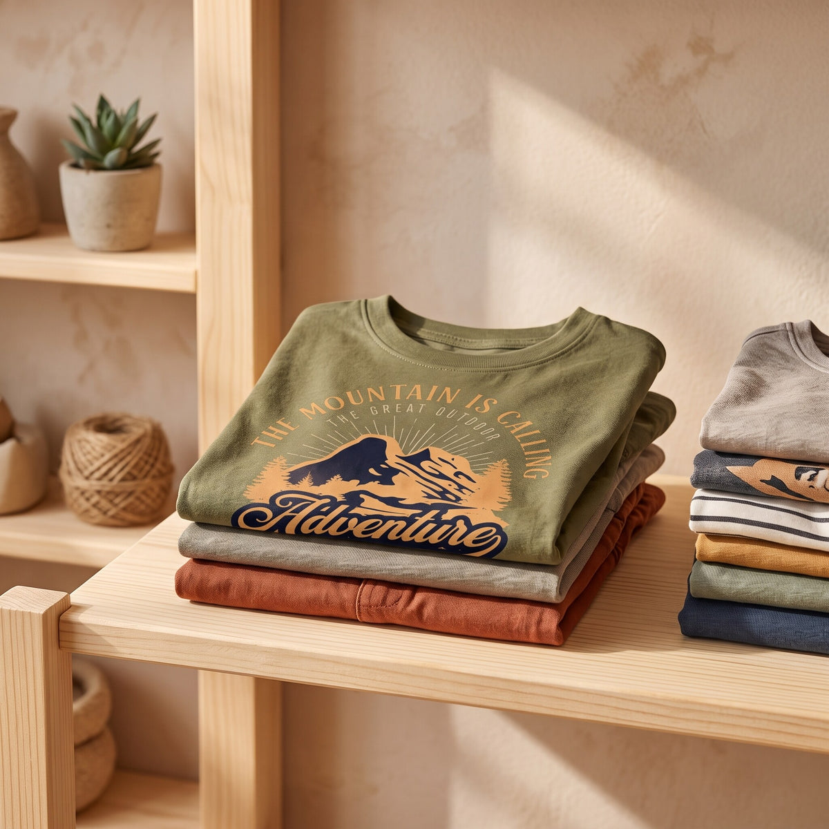 T-shirt enfant kaki The Mountain is Calling plie sur une etagere en bois clair pres d'une plante grasse