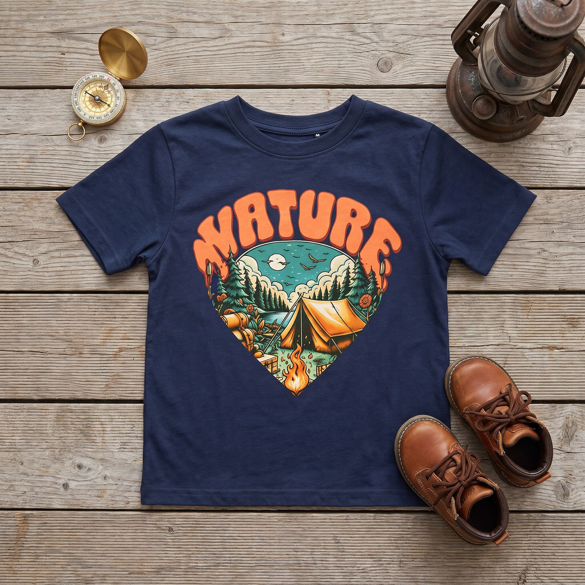 T-shirt enfant bleu marine Nature a plat sur des planches, boussole en laiton, lanterne et bottines en cuir