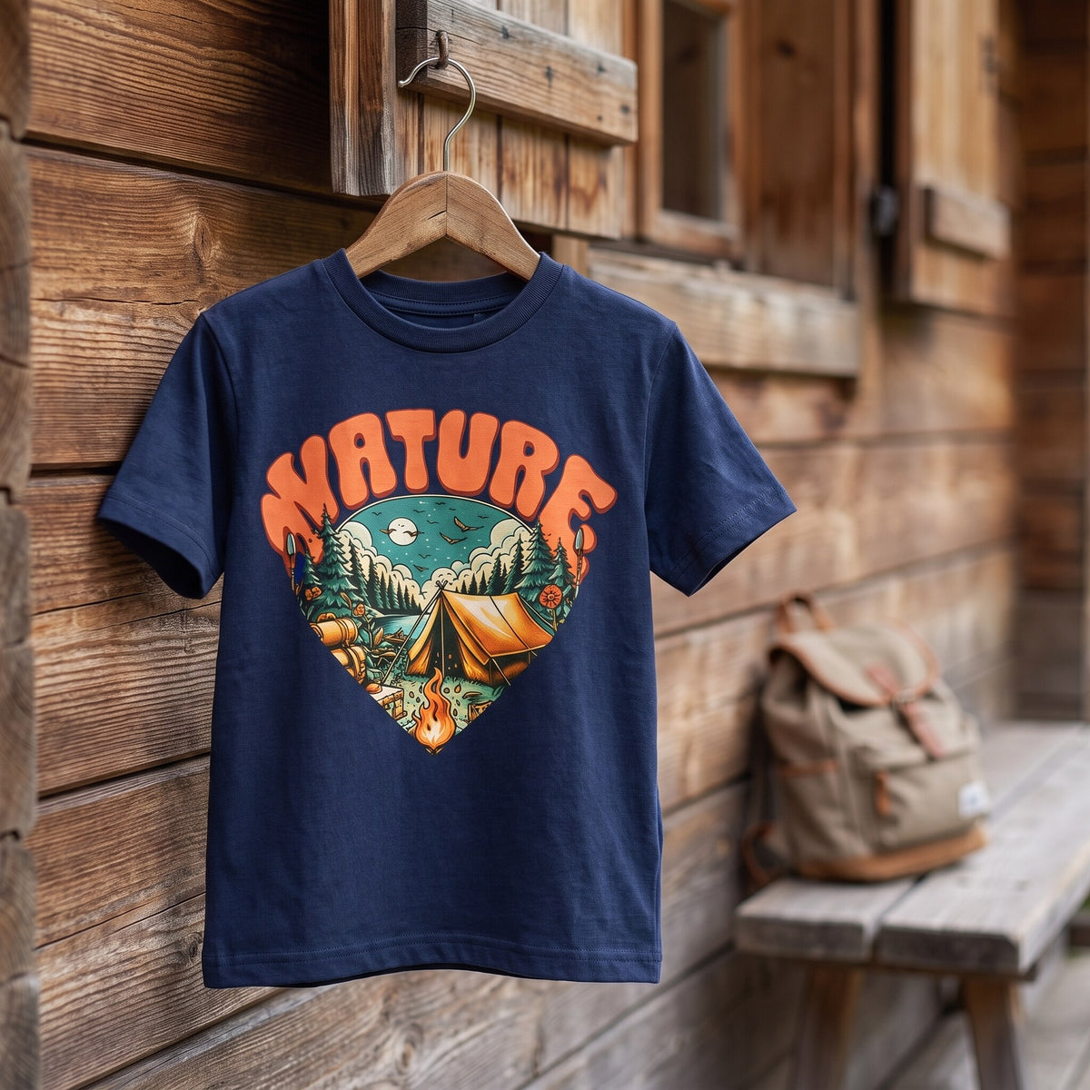 T-shirt enfant bleu marine imprime Nature, scene de camping retro, sur cintre devant un chalet en bois