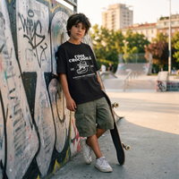 Enfant en skatepark portant le t-shirt Cool Crocodile noir, coupe oversized streetwear kids